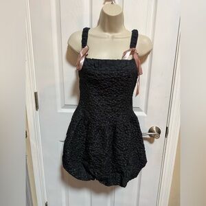 Smocked Black Mini Dress with Pink Ribbon Shoulder Ties
